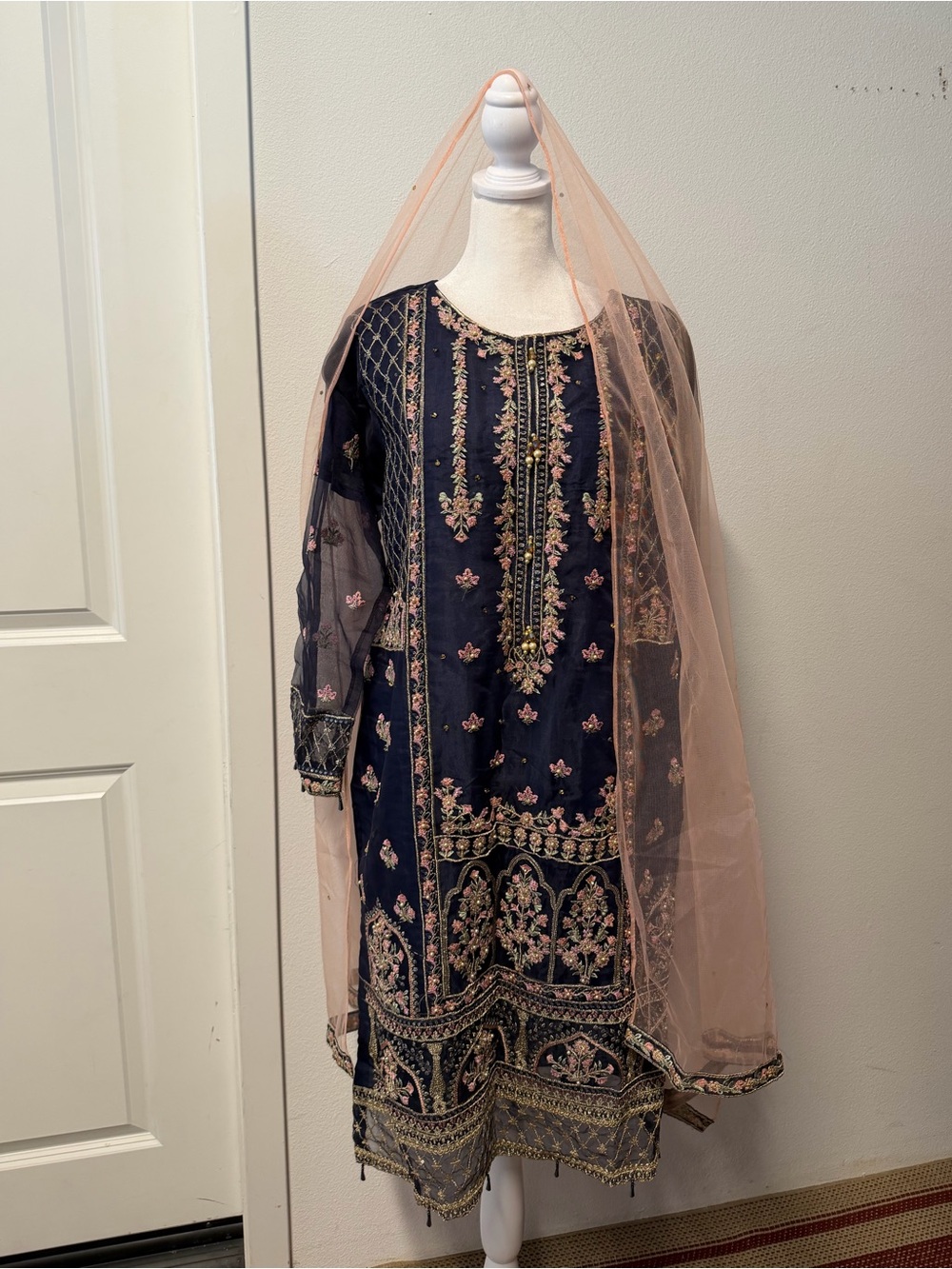 Khubsurat Navy Blue Pakistani 3 Piece Embroidered Suit Size L